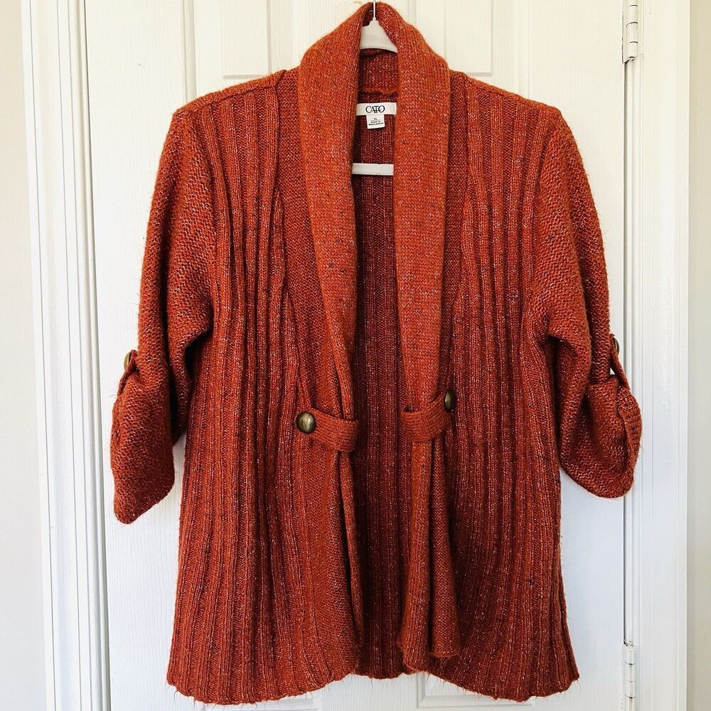 Cato Burnt Orange Chunky Knit Open Face Roll Tab Sleeve Cardigan Sweater Size XL
